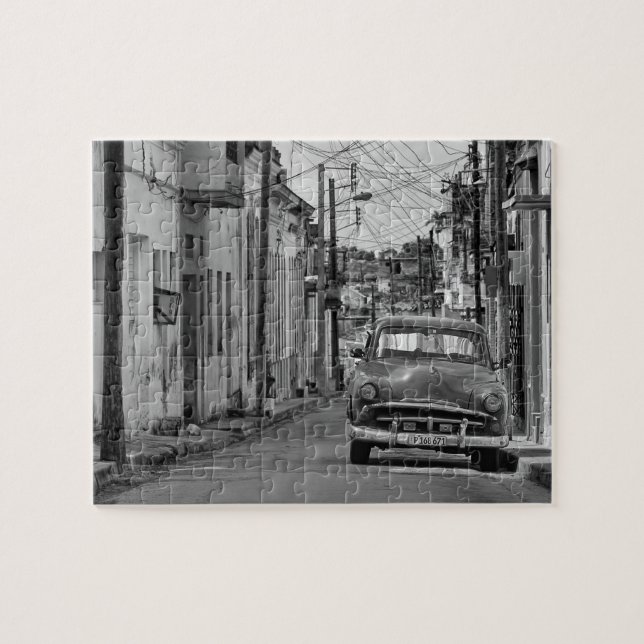 Havana Street Oldtimer Car Kuba Reisen Schwarz-wei Puzzle (Horizontal)