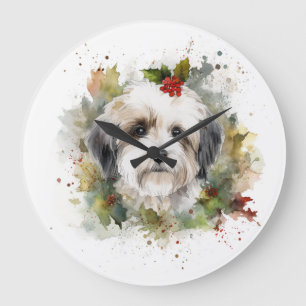 Havanese Christmas Wreath Festivals Große Wanduhr