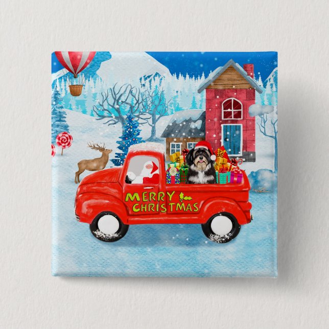 Havanese Dog Christmas Delivery LKW Schnee Button (Vorderseite)