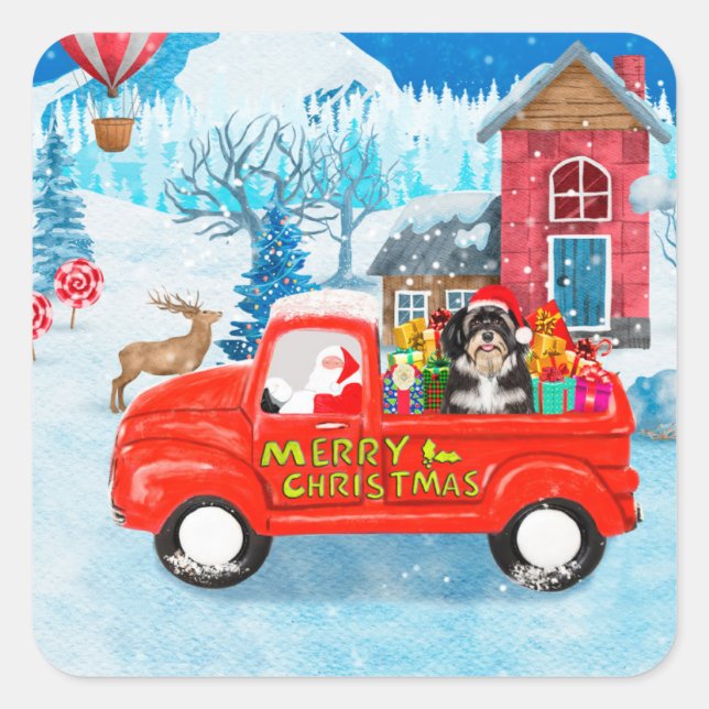 Havanese Dog Christmas Delivery LKW Schnee Quadratischer Aufkleber (Vorderseite)
