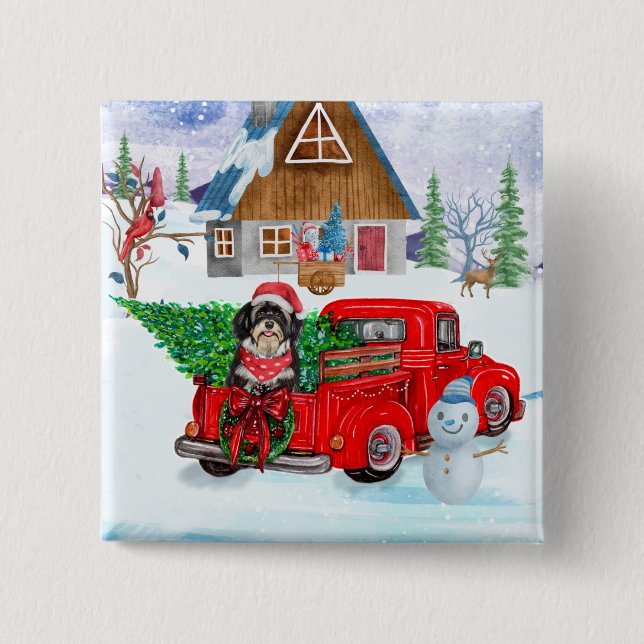 Havanese Dog in Christmas Delivery LKW Schnee Button (Vorderseite)