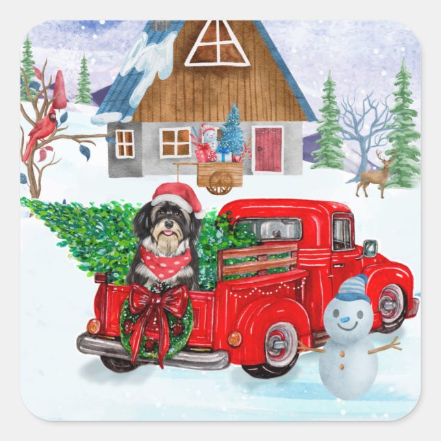 Havanese Dog in Christmas Delivery LKW Schnee Quadratischer Aufkleber (Vorderseite)