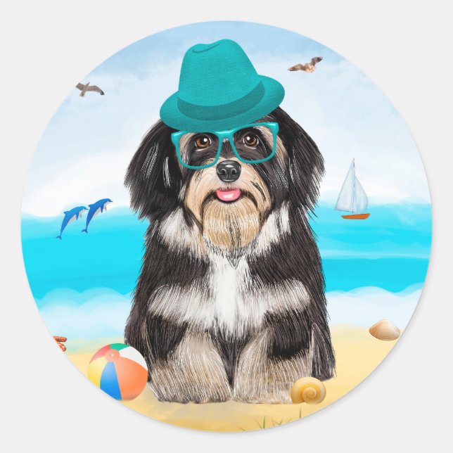 Havanese Dog on Beach Runder Aufkleber (Vorderseite)