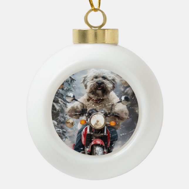 Havanese Dog Riding Motorrad Weihnachten Keramik Kugel-Ornament (Vorderseite)