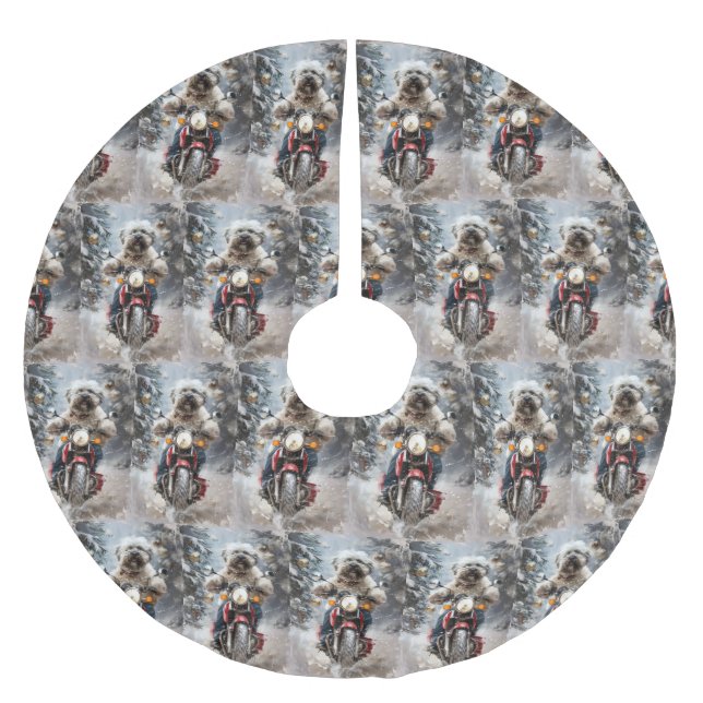 Havanese Dog Riding Motorrad Weihnachten Polyester Weihnachtsbaumdecke (Vorderseite)