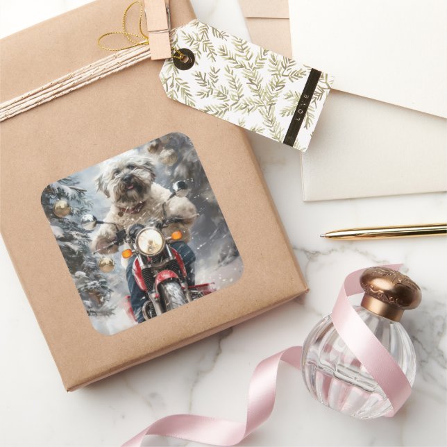 Havanese Dog Riding Motorrad Weihnachten Quadratischer Aufkleber (Schenken)