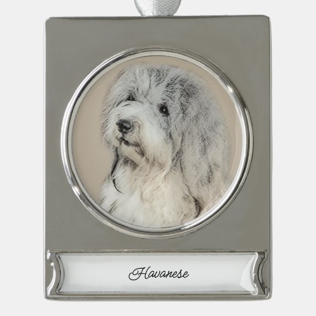 Havanese (Gold Sable) Malerei - Original Hunde Kun Banner-Ornament Silber (Vorderseite)