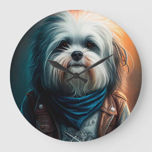 Havanese-Hund auf Fahrrad Digitale Malerei Große Wanduhr
