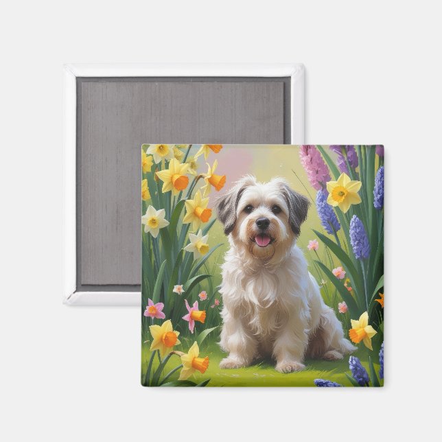 Havanese-Hund-Frühlingsblumen-Gemälde Magnet (Vorderseite/Rückseite)