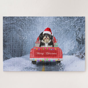 Havanese Hund im Schnee sitzend im Weihnachts-LKW Puzzle