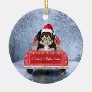 Havanese Hund im Schnee sitzend im Weihnachtswagen Keramik Ornament