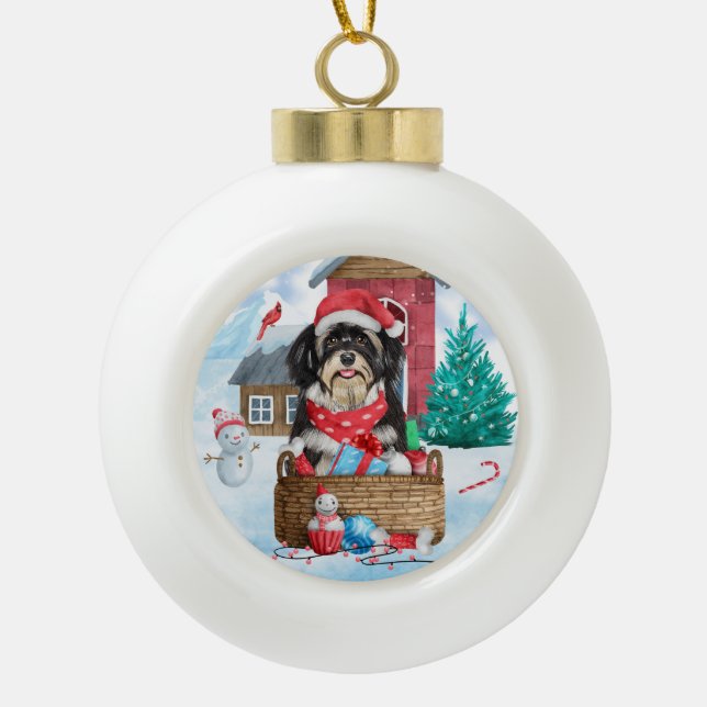 Havanese Hund im Schnee Weihnachtshaus Keramik Kugel-Ornament (Vorderseite)