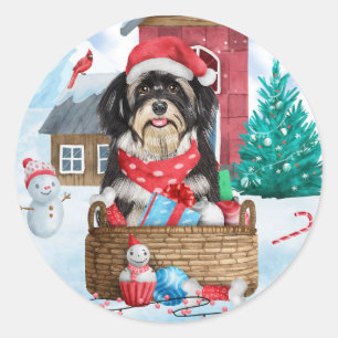Havanese Hund im Schnee Weihnachtshaus Runder Aufkleber