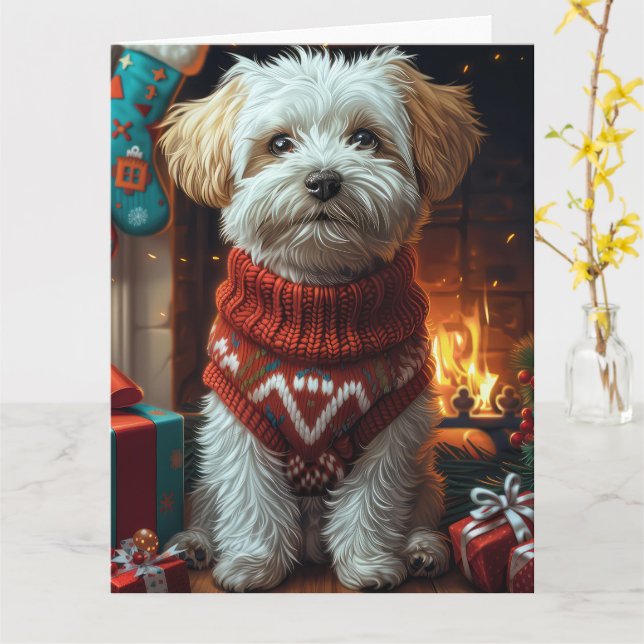 Havanese Hund mit Weihnachtsgeschenken Karte (Gelbe Blume)
