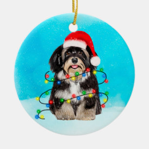 Havanese Hund sitzt im Schnee Weihnachtshutt Licht Keramik Ornament