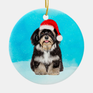 Havanese Hund sitzt im Schneehuhhut Keramik Ornament