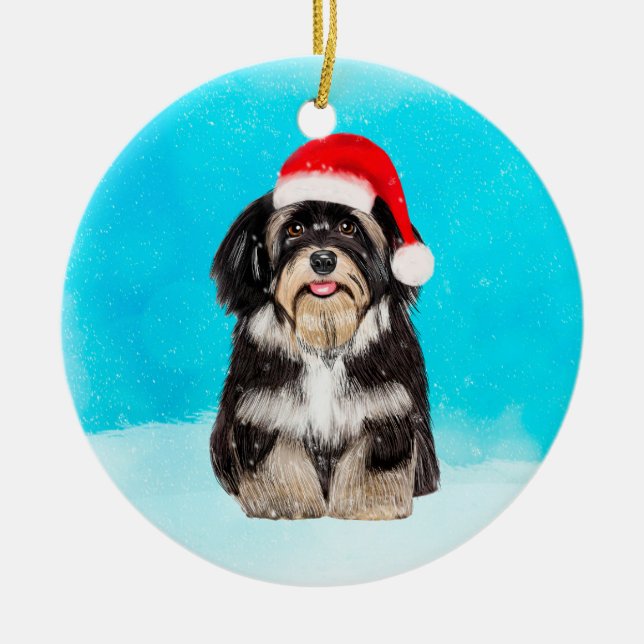Havanese Hund sitzt im Schneehuhhut Keramik Ornament (Vorne)
