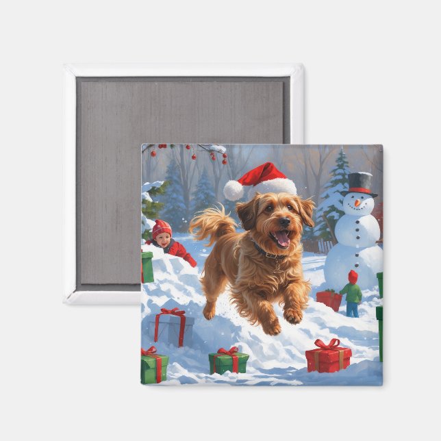 Havanese läuft in Schnee mit Weihnachtshut Magnet (Vorderseite/Rückseite)