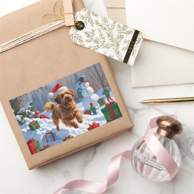 Havanese läuft in Schnee mit Weihnachtshut Rechteckiger Aufkleber (Schenken)