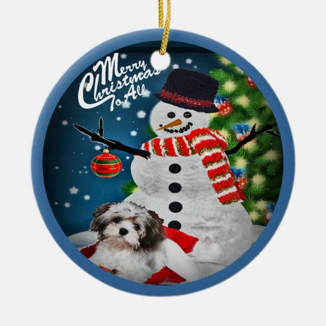 Havanese mit Schneemann-Weihnachtsverzierung Keramik Ornament (Vorne)