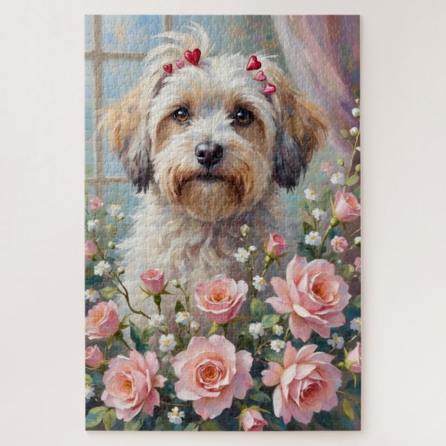 Havanese Peeking from Valentine's Rose Bouquet Puzzle (Vertikal)