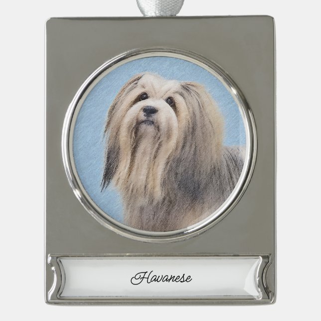 Havanese (Silber) Malerei - Niedliche Original Hun Banner-Ornament Silber (Vorderseite)