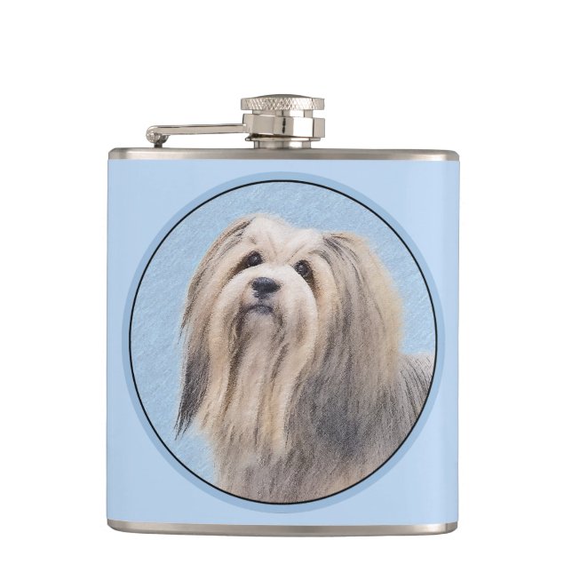 Havanese (Silber) Malerei - Niedliche Original Hun Flachmann (Vorderseite)