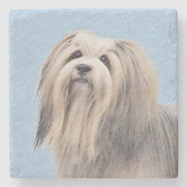 Havanese (Silber) Malerei - Niedliche Original Hun Steinuntersetzer (Vorderseite)