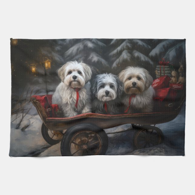Havanese Snowy Sleigh Weihnachtsdekor Geschirrtuch (Horizontal)