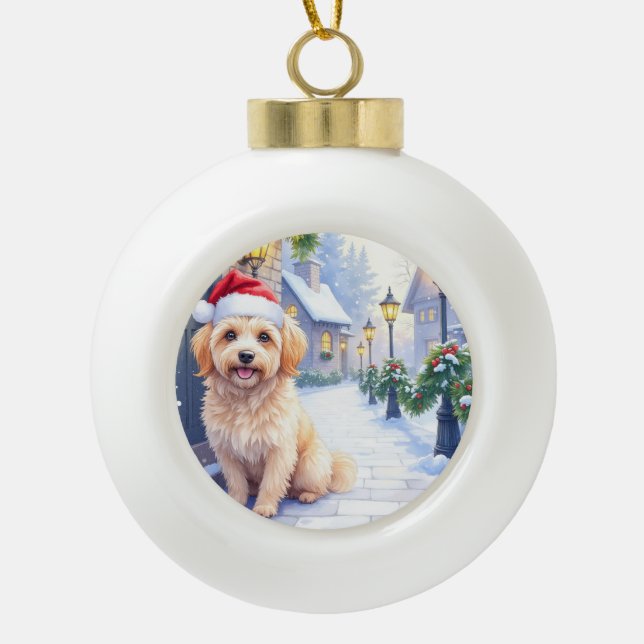 Havanese Snowy Village Walk Santa Hat Christmas Keramik Kugel-Ornament (Vorderseite)
