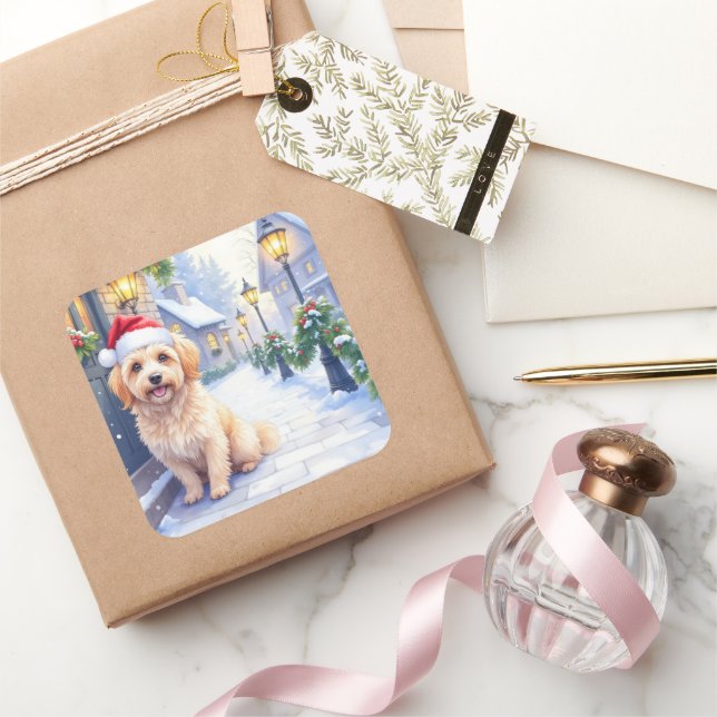 Havanese Snowy Village Walk Santa Hat Christmas Quadratischer Aufkleber (Schenken)