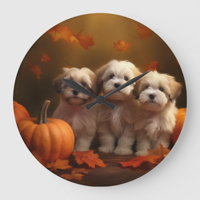 Havanese Welpe Autumn Delight Pumpkin Große Wanduhr (Vorderseite)