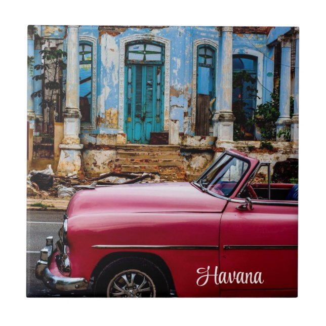 Havanna Kuba Rotes Oldtimer Auto            Fliese (Vorderseite)