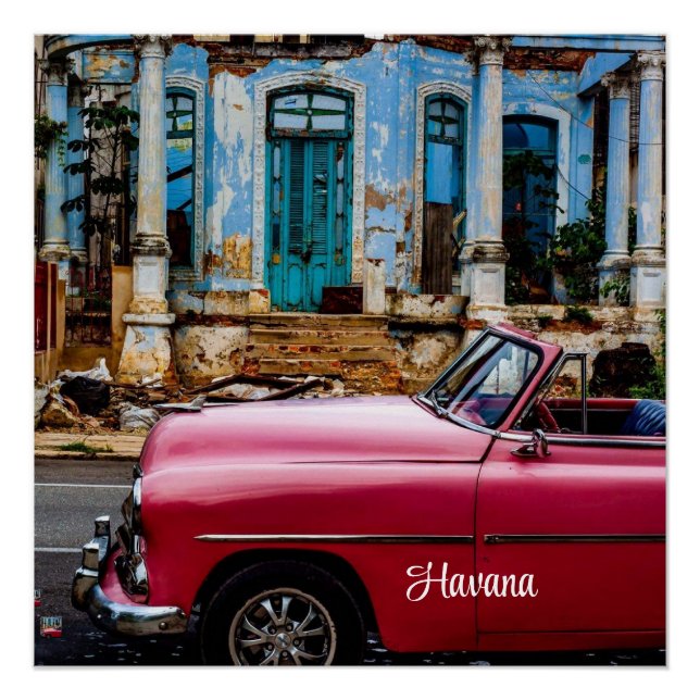 Havanna Kuba Rotes Oldtimer Auto                 Poster (Vorderseite)