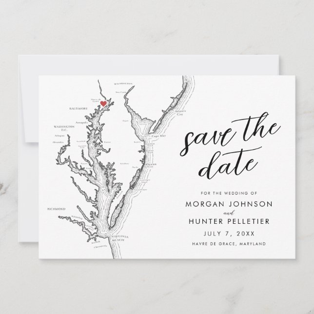 Havre de Grace Maryland Map Modern Wedding Save The Date (Vorderseite)
