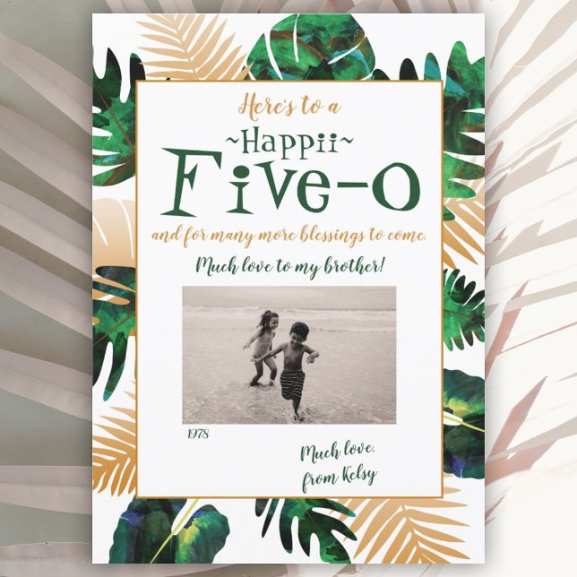 Hawaii 5-0 50. Geburtstagskarte Einladung (gold fern leaves hawaii 5-0 50th birthday tropical happy birthday greeting card)