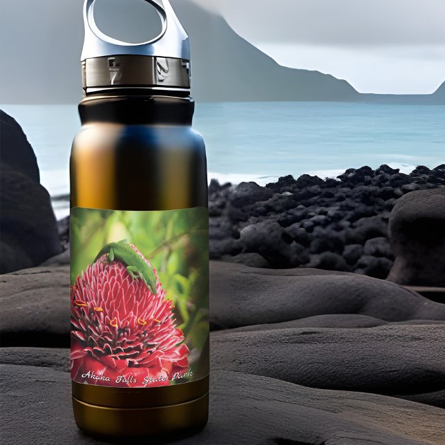 Hawaii Anole Lizard Red Tropical Blume Akaka Fall Quadratischer Aufkleber (Sticker of Hawaiian Anole Lizard)