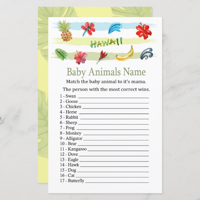 Hawaii Baby Animals Name Game (Vorne/Hinten)