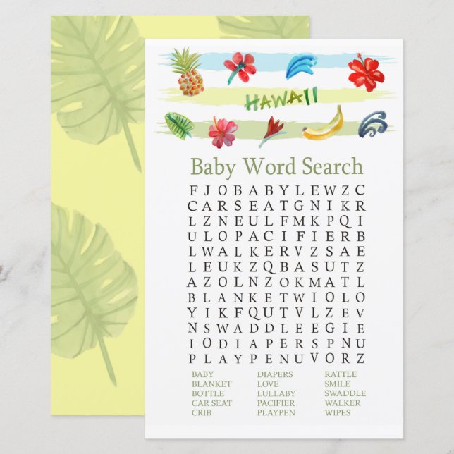 Hawaii Baby Shower Word Search Game (Vorne/Hinten)