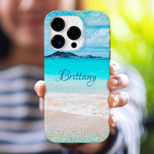 Hawaii Beach Tropical Girly Blue Confetti Custom iPhone 16 Pro Hülle