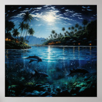 Hawaii bei Nacht - Delphine schwimmen" Poster