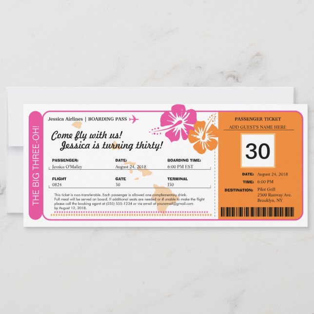 Hawaii Birthday Boarding Pass Einladung (Vorderseite)