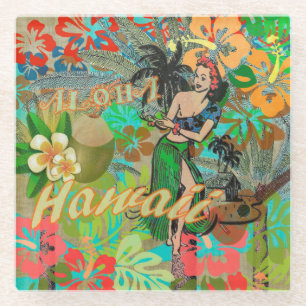 Hawaii Blume Hula Vintage Blumengrafik Glasuntersetzer