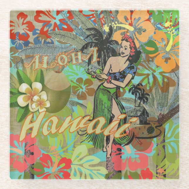 Hawaii Blume Hula Vintage Blumengrafik Glasuntersetzer (Vorderseite)