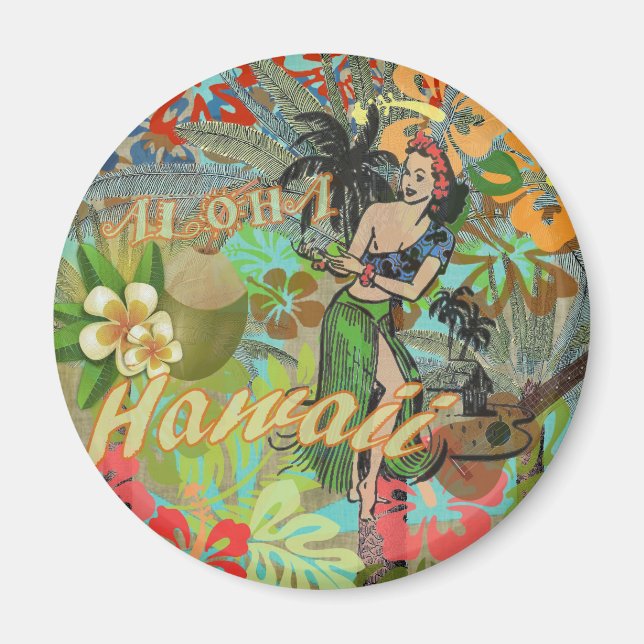 Hawaii Blume Hula Vintage Blumengrafik Magnet (Vorne)