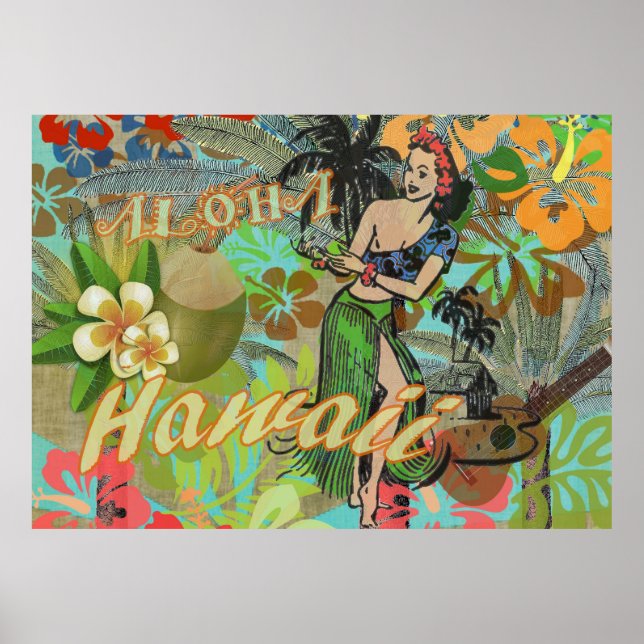 Hawaii Blume Hula Vintage Blumengrafik Poster (Vorne)