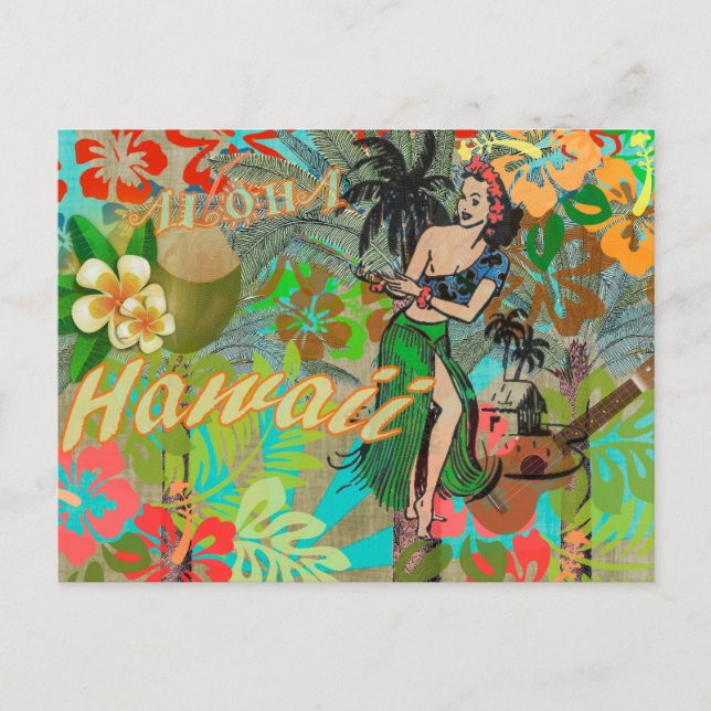Hawaii Blume Hula Vintage Blumengrafik Postkarte (Vorderseite)