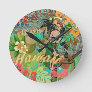 Hawaii Blume Hula Vintage Blumengrafik Runde Wanduhr