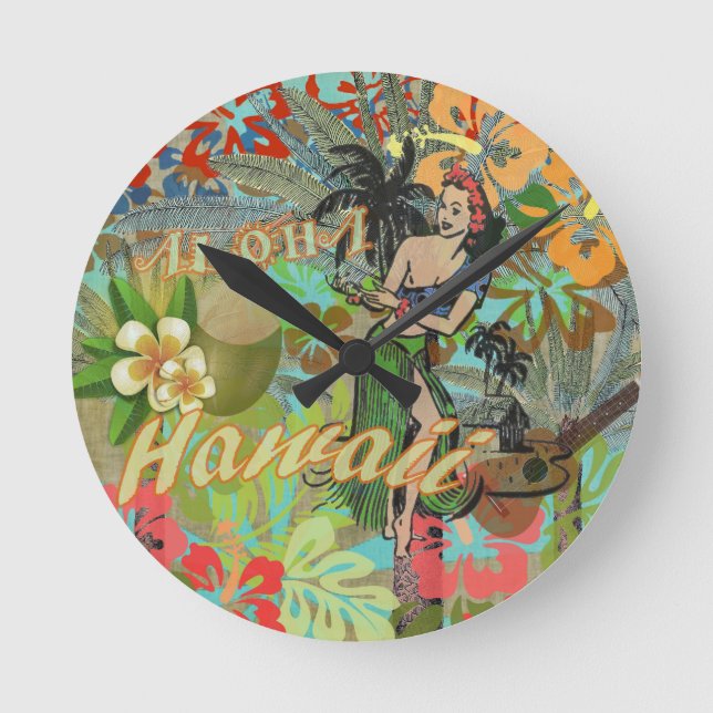 Hawaii Blume Hula Vintage Blumengrafik Runde Wanduhr (Vorderseite)