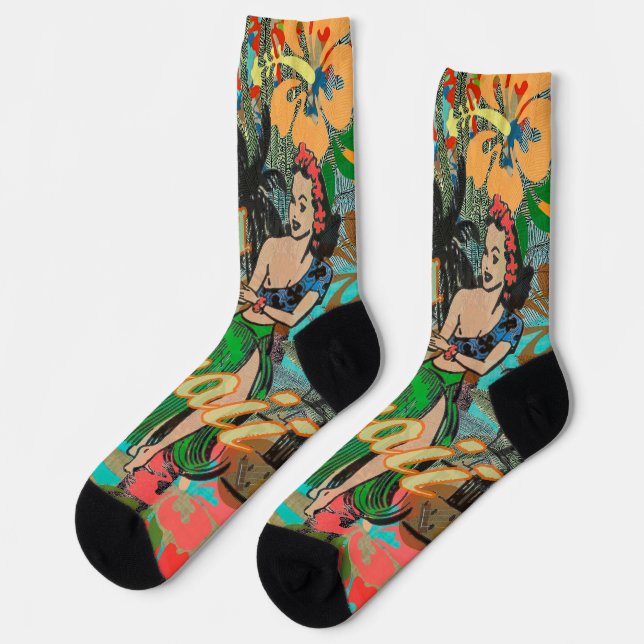 Hawaii Blume Hula Vintage Blumengrafik Socken (Linkes Detail)